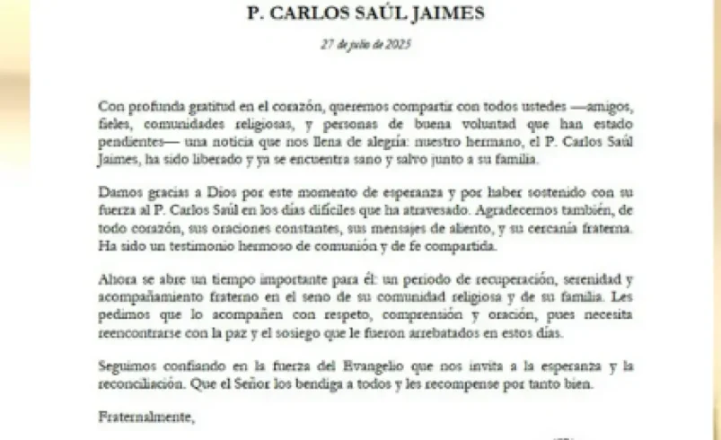 La orden de San Agustín confirma la liberación del padre Carlos Saúl Jaimes después de 40 días de desaparición en Viotá

 – Ojo critico