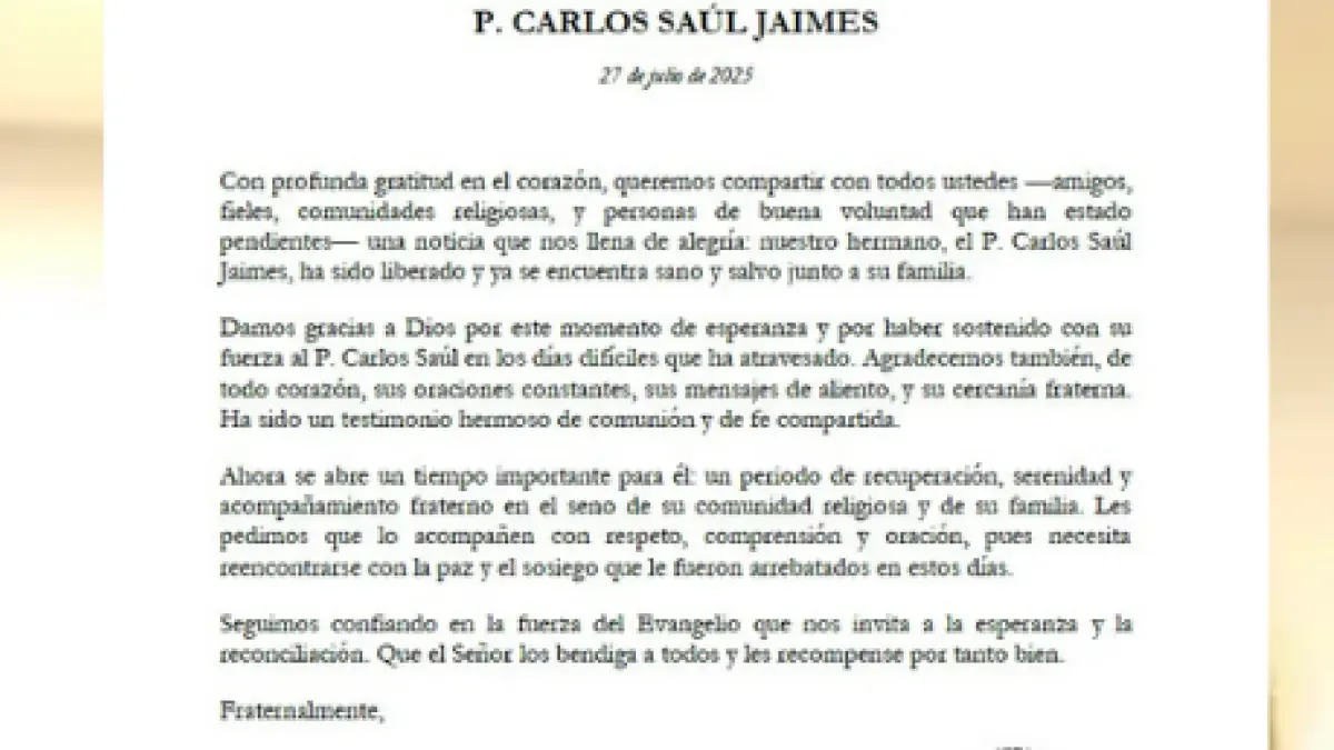 La orden de San Agustín confirma la liberación del padre Carlos Saúl Jaimes después de 40 días de desaparición en Viotá
 – Ojo critico