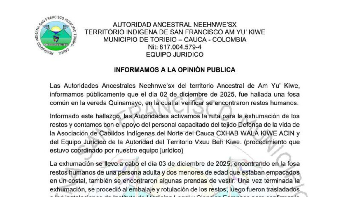 Tragedia en el Cauca | Encuentran los restos de una mujer y dos niños en la tumba: los indígenas temen que sean adultos y los dos niños están desaparecidos desde 2022.

 – Ojo critico